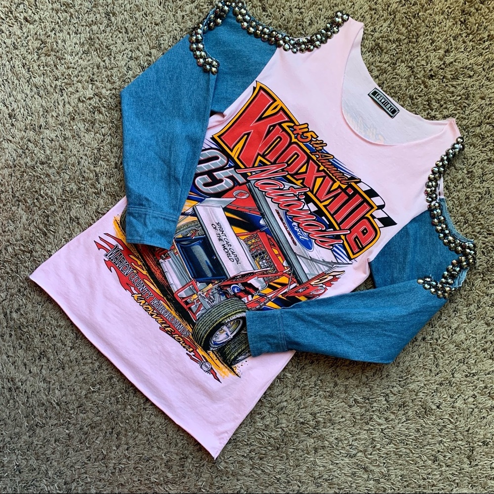 Beaded Graphic Cut-out Denim Paneled Shirt Top